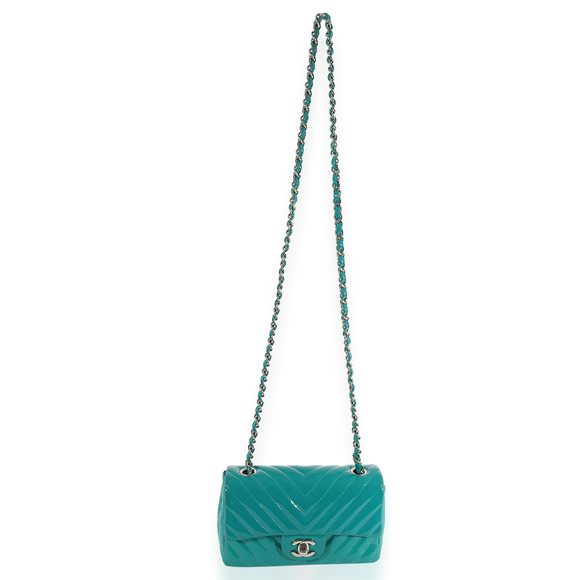 Chanel Teal Chevron Quilted Patent Leather Mini Rectangular Classic Flap Bag - Picture 4 of 8